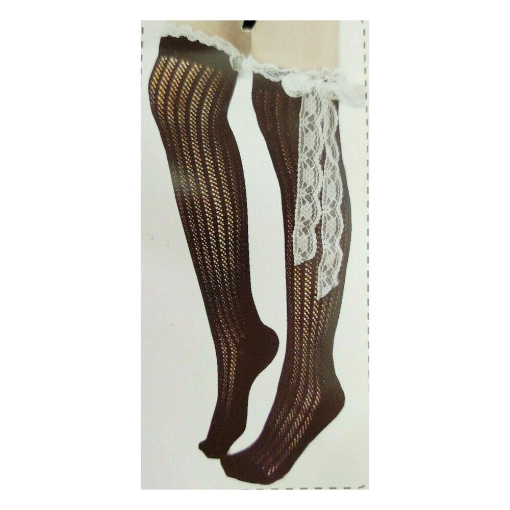 Black Cream Lace Over The Knee Socks Cable Knit - Picture 2 of 4